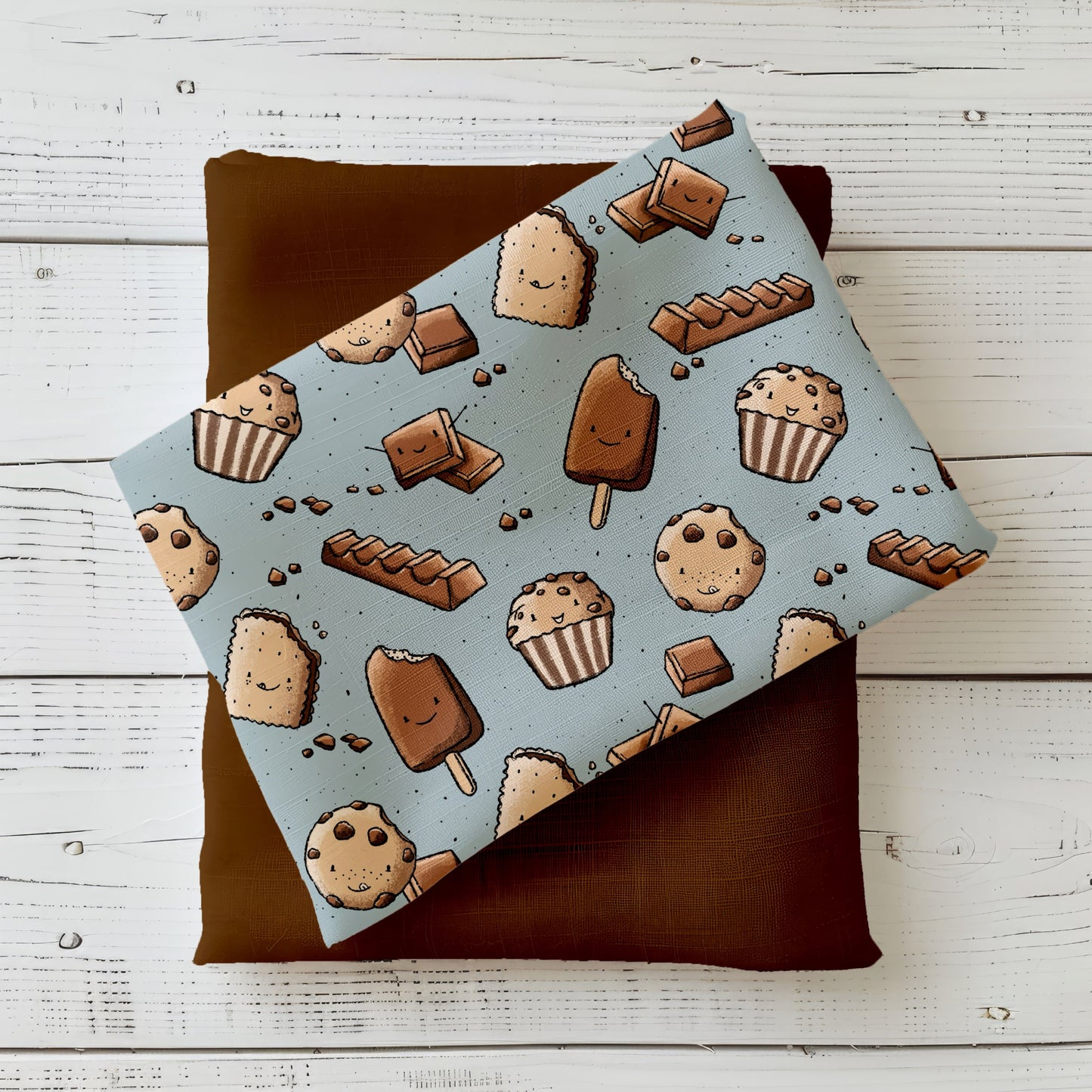 Verspieltes Design „Schoki“ mit Muffins, Keksen, Schokoladentafeln und Eis am Stiel auf hellblauem Hintergrund