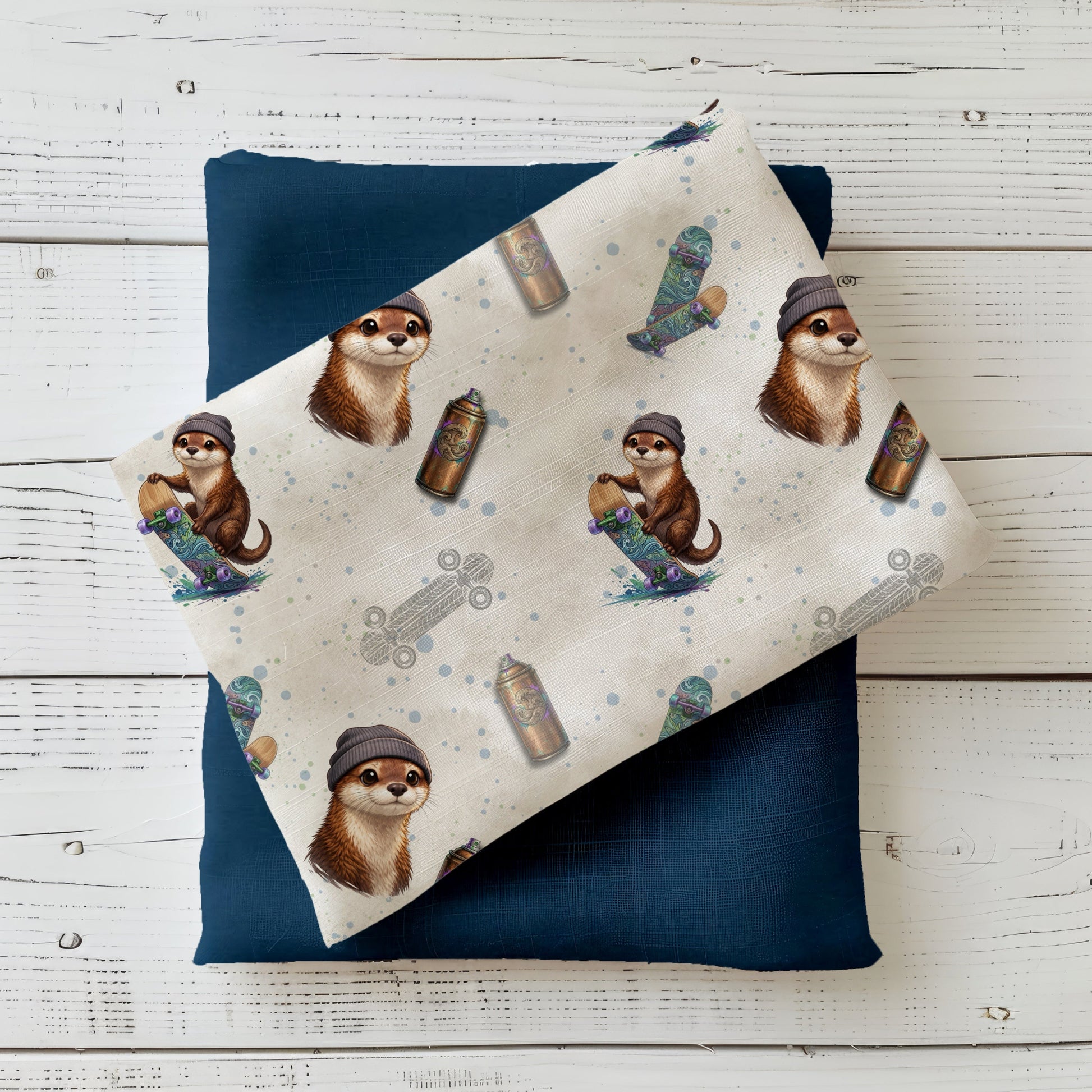 Cooler Stoff mit Otter auf Skateboard und Streetstyle-Motiv für Kinderkleidung