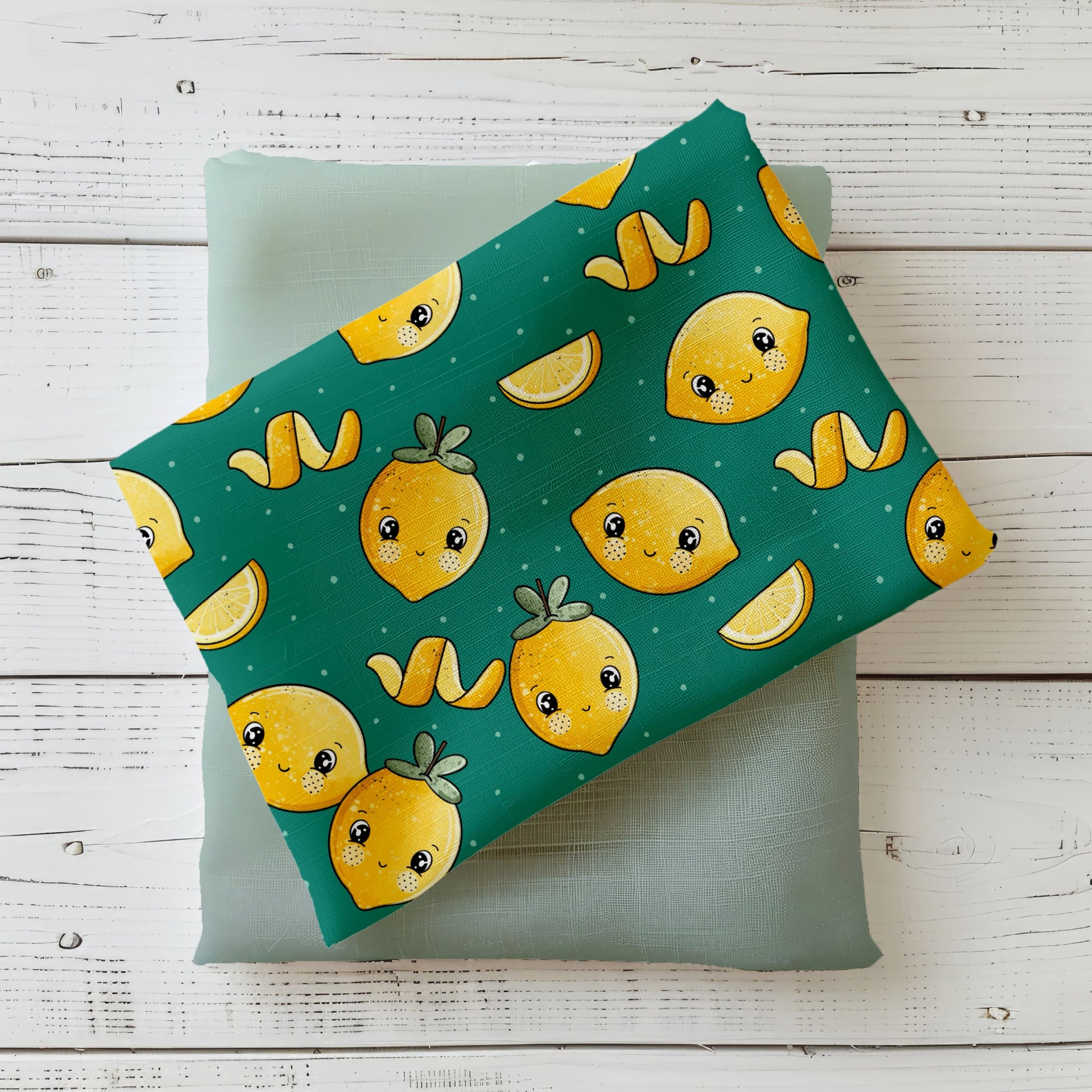 Zitönchen Smaragd Stoff – gelbe Zitronen mit Gesichtern auf smaragdgrünem Hintergrund, drapiert auf hellmintfarbenem Kombistoff