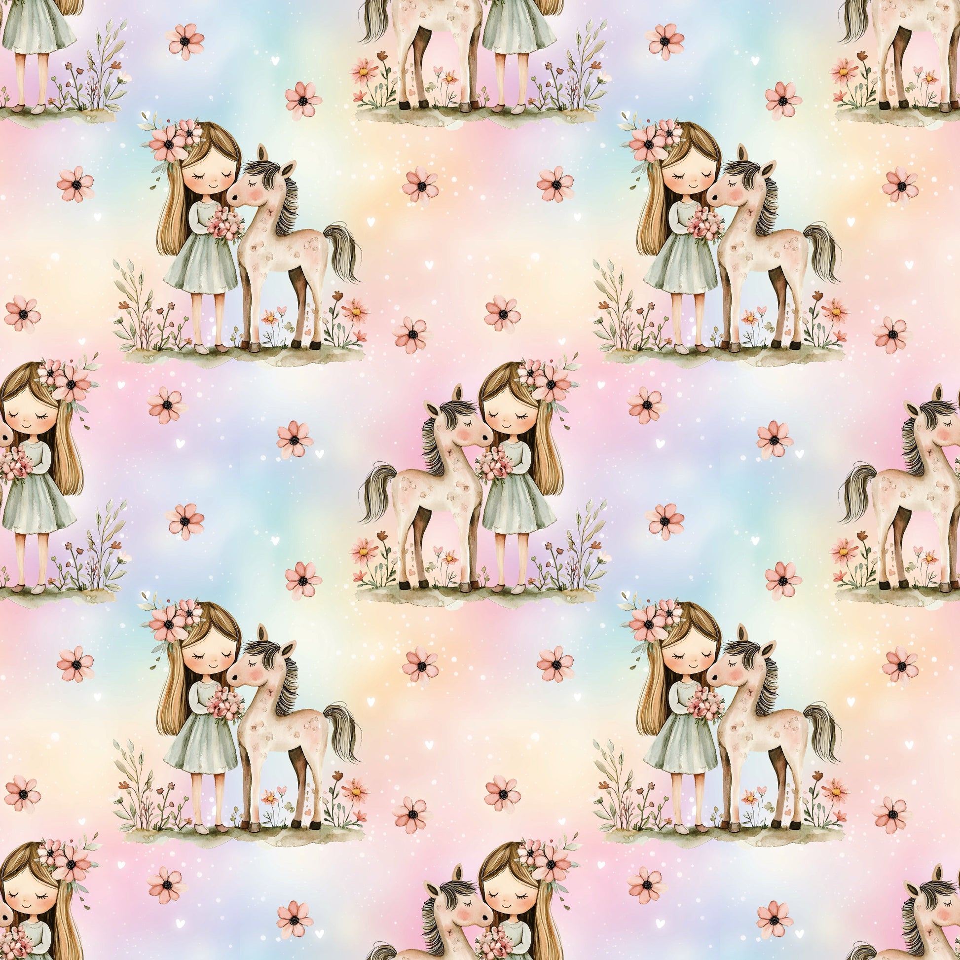 Stoff „Pferdemädchen“ mit pastellfarbenem Hintergrund und liebevollem Motiv aus Mädchen und Pony.
