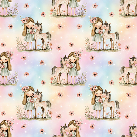 Stoff „Pferdemädchen“ mit pastellfarbenem Hintergrund und liebevollem Motiv aus Mädchen und Pony.