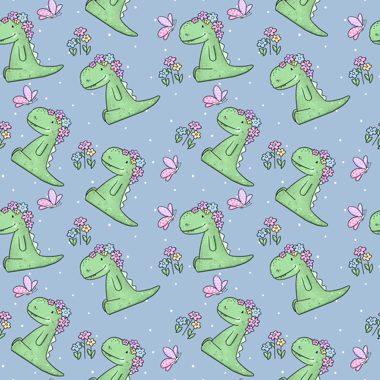 Verspielter Stoff mit Dinosaurier-Motiv „Rexeline“: Grüne Dinos mit Blumenkranz auf dem Kopf, rosa Schmetterlinge und bunte Blümchen auf blauem Hintergrund mit weißen Punkten – ideal für Kinderkleidung.