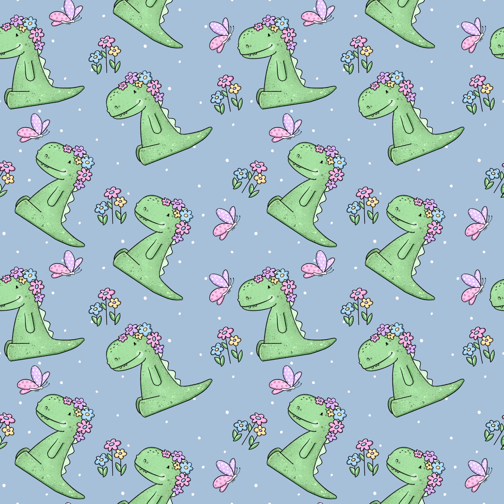 Verspielter Stoff mit Dinosaurier-Motiv „Rexeline“: Grüne Dinos mit Blumenkranz auf dem Kopf, rosa Schmetterlinge und bunte Blümchen auf blauem Hintergrund mit weißen Punkten – ideal für Kinderkleidung.