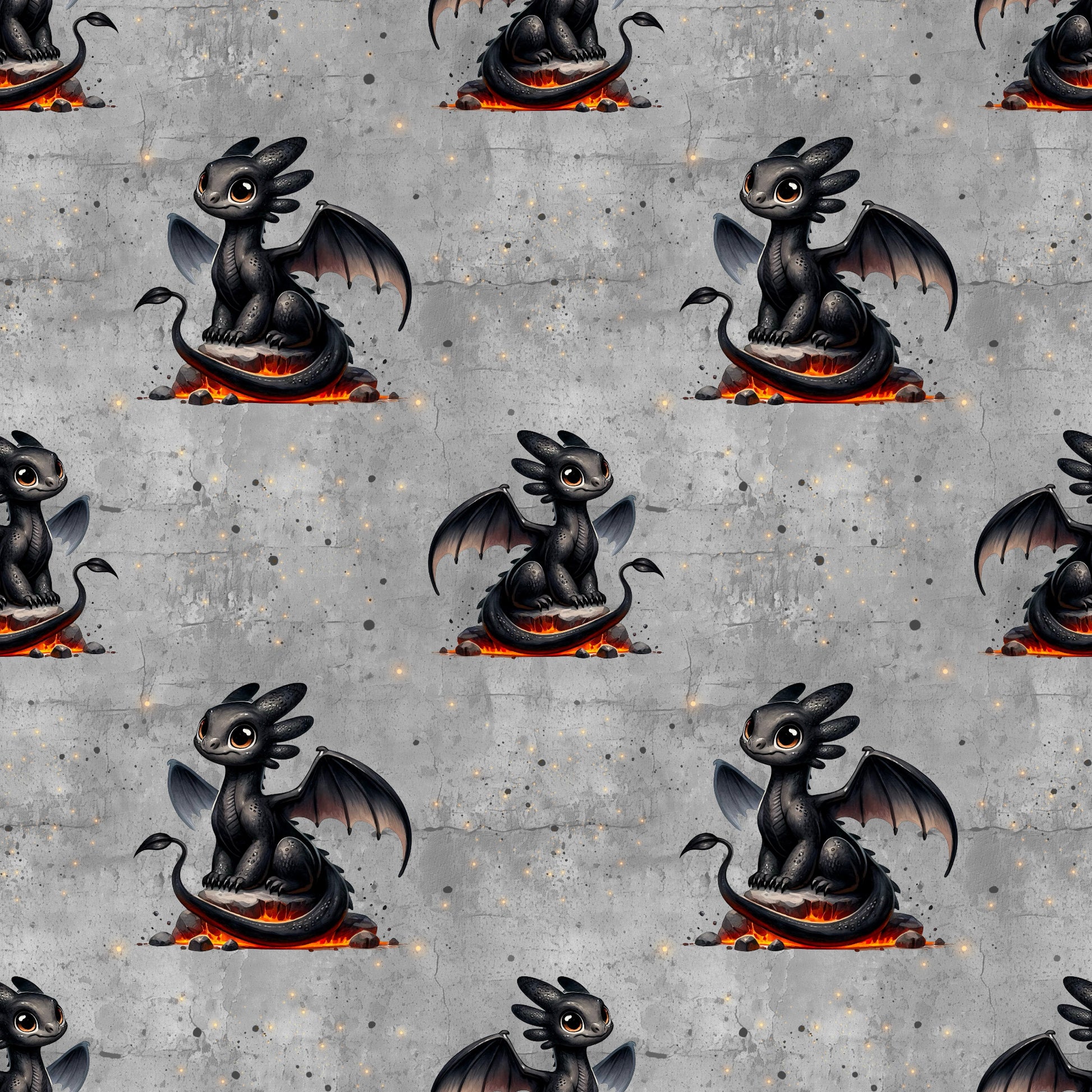 Stoff mit schwarzem Drachenmotiv auf dunklem, strukturiertem Hintergrund.