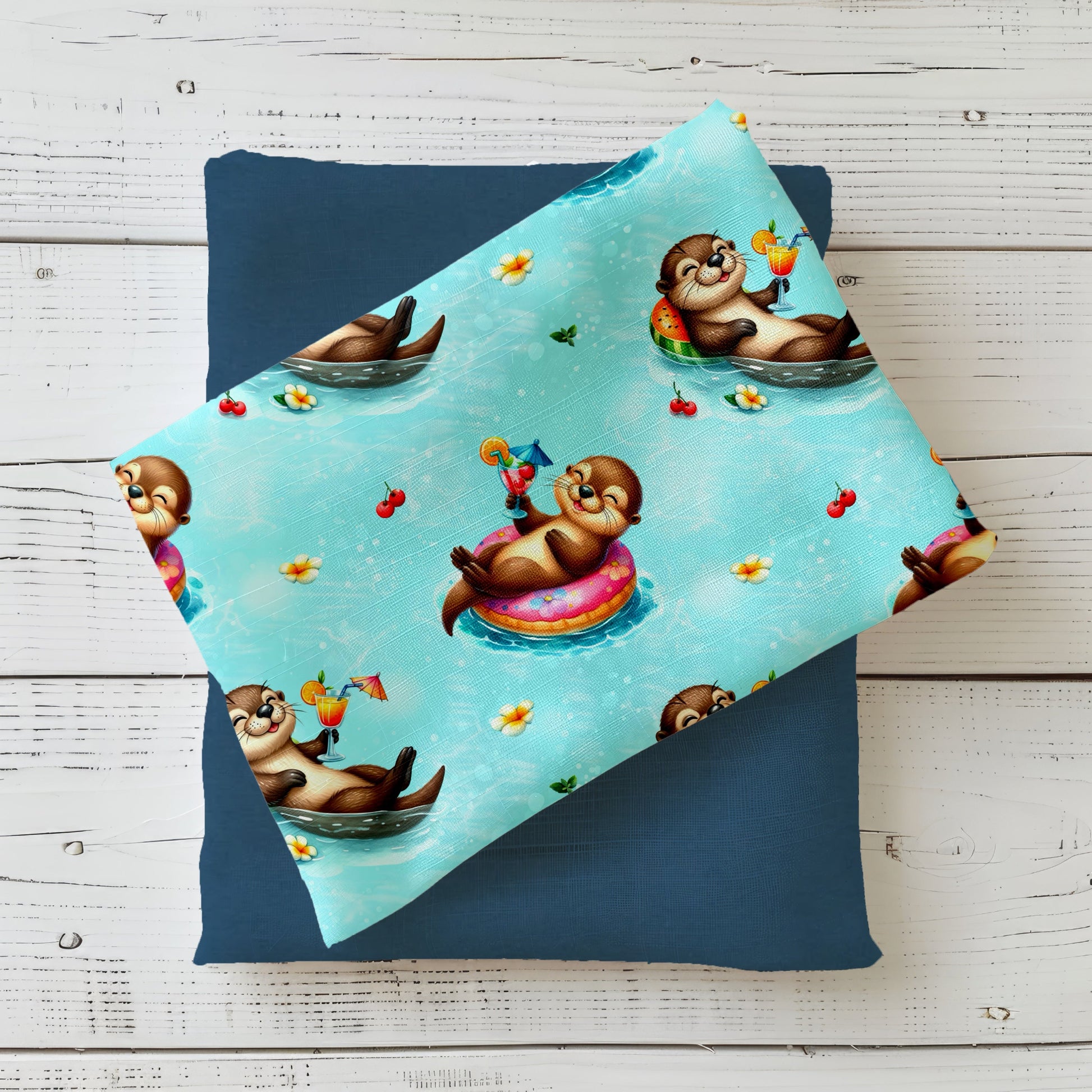 Stoffdesign "Süßer Otter" mit niedlichen Ottern in Schwimmringen oder auf dem rückenschwimmend mit Getränk in der Hand auf hellblauem Untergrund