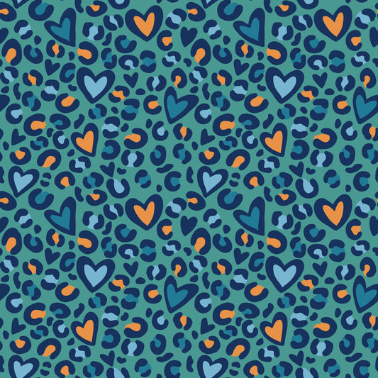 Nahtloses Stoffdesign „Leo Herzen petrol“ mit Leopardenmuster und Herzformen in Petrol, Blau und Ocker
