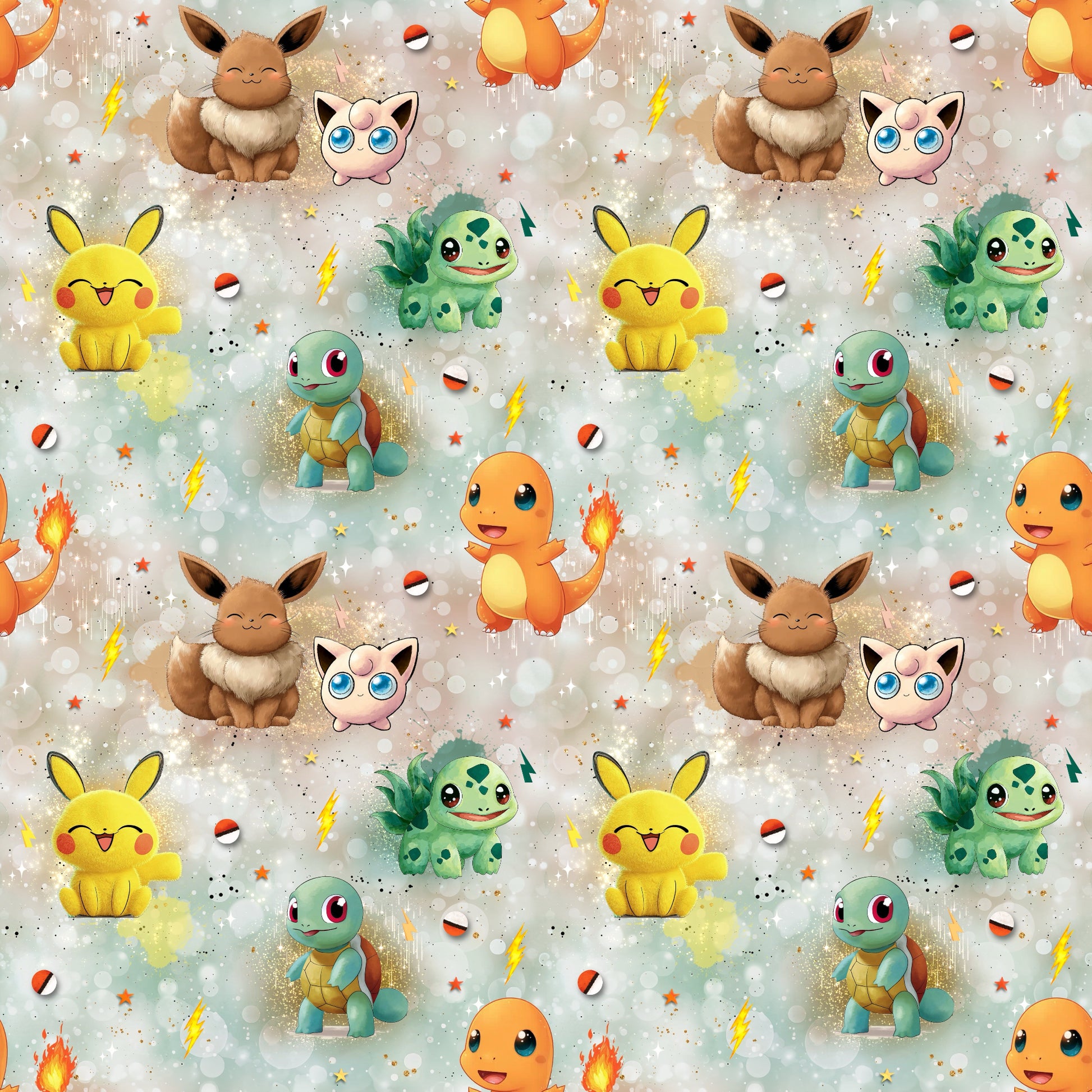 Nahtloses Stoffdesign „Abenteuerfreunde“ mit niedlichen Tierchen im Anime-Design.