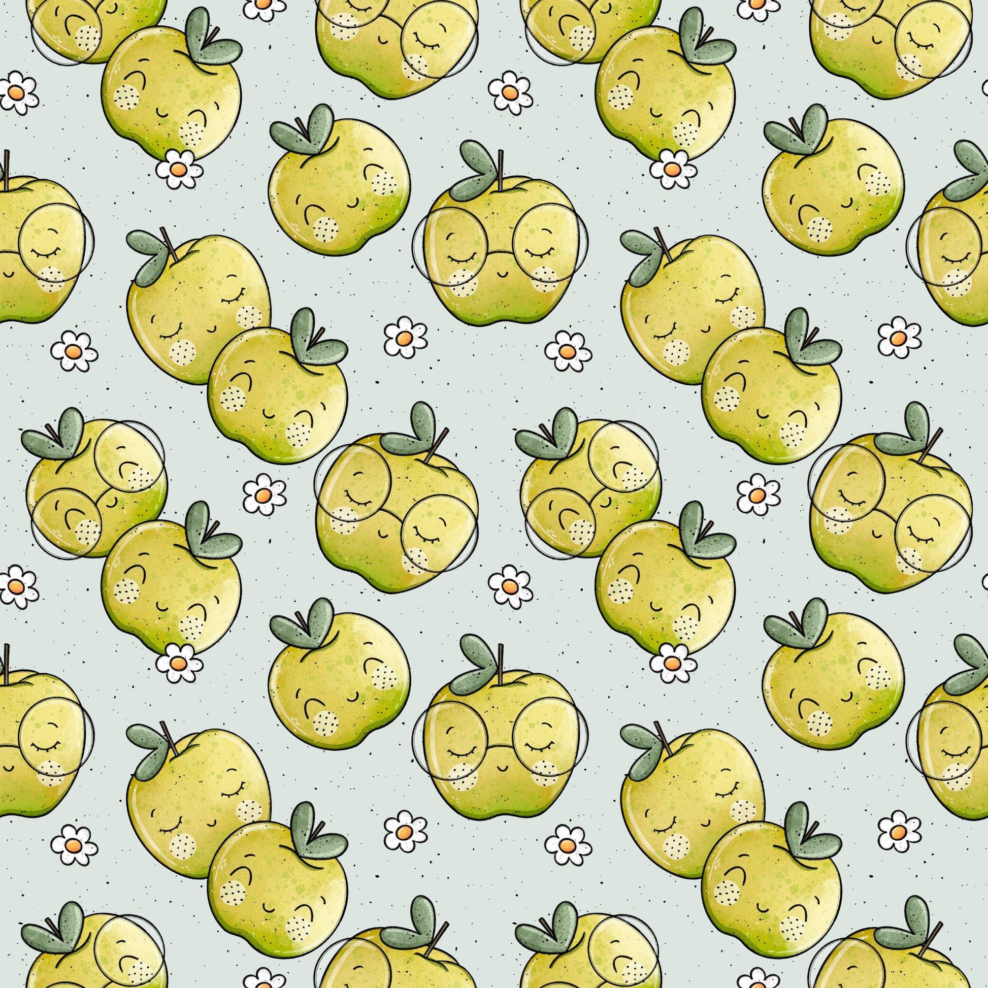 „Äpfelchen“ – das süße Stoffdesign mit charmanten Apfel-Illustrationen und kleinen Blüten. Im Katzengold-Design gestaltet, ideal für farbenfrohe, kreative Projekte.