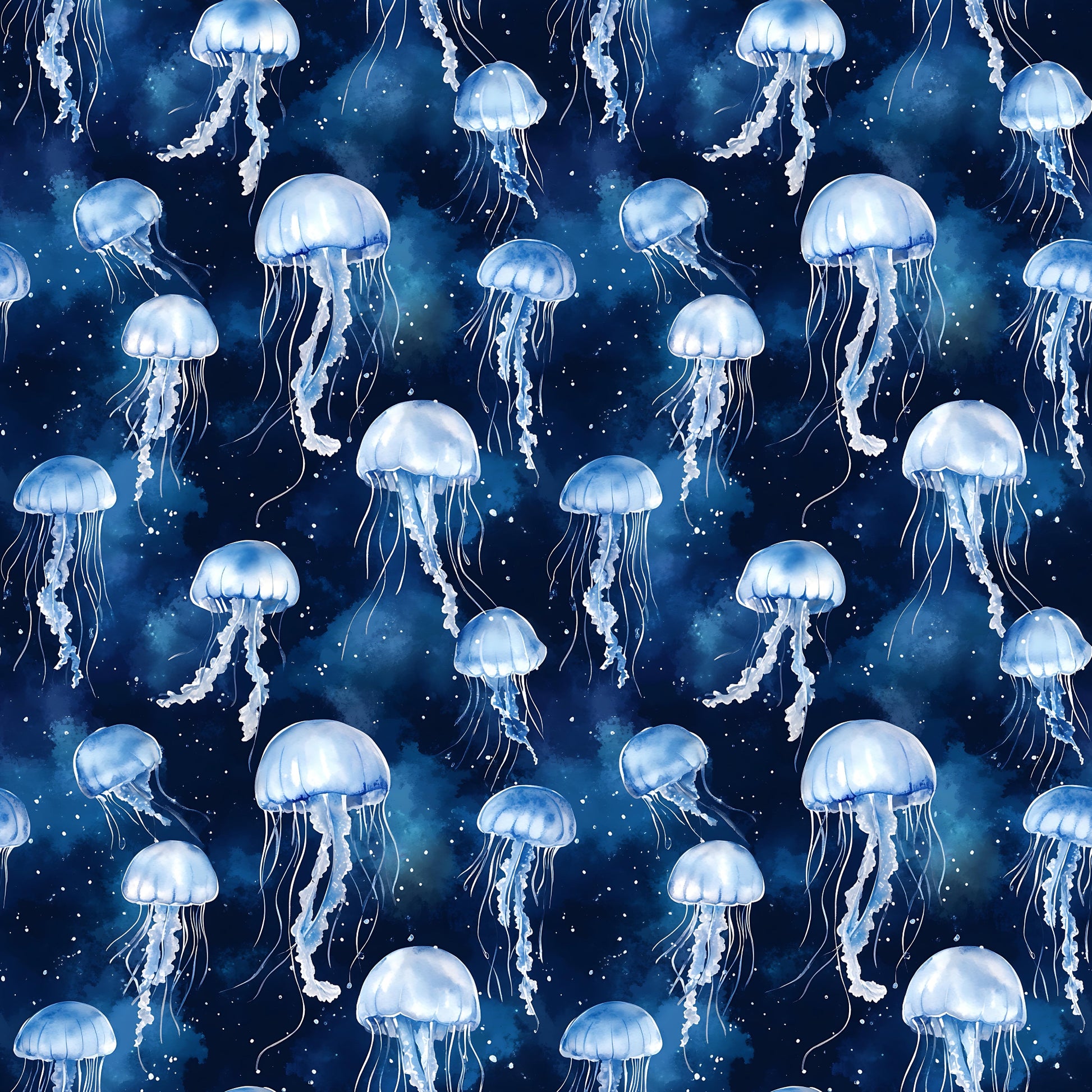 Nahtloses Stoffdesign „Aquarell Quallentanz Blau“ mit leuchtenden blau-weißen Quallen auf einem tiefblauen Aquarellhintergrund.