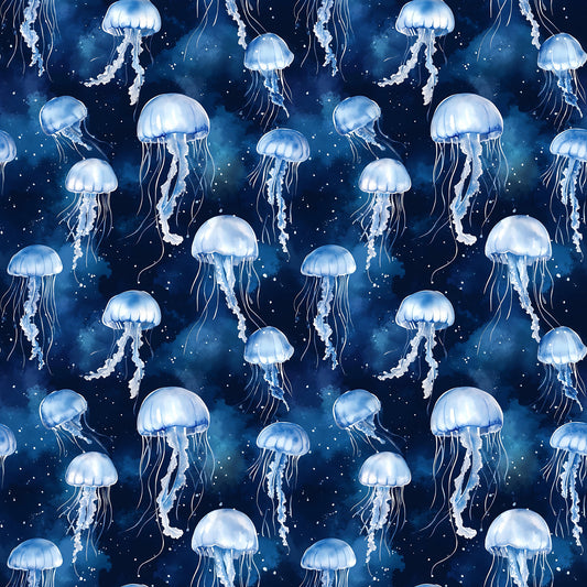 Nahtloses Stoffdesign „Aquarell Quallentanz Blau“ mit leuchtenden blau-weißen Quallen auf einem tiefblauen Aquarellhintergrund.