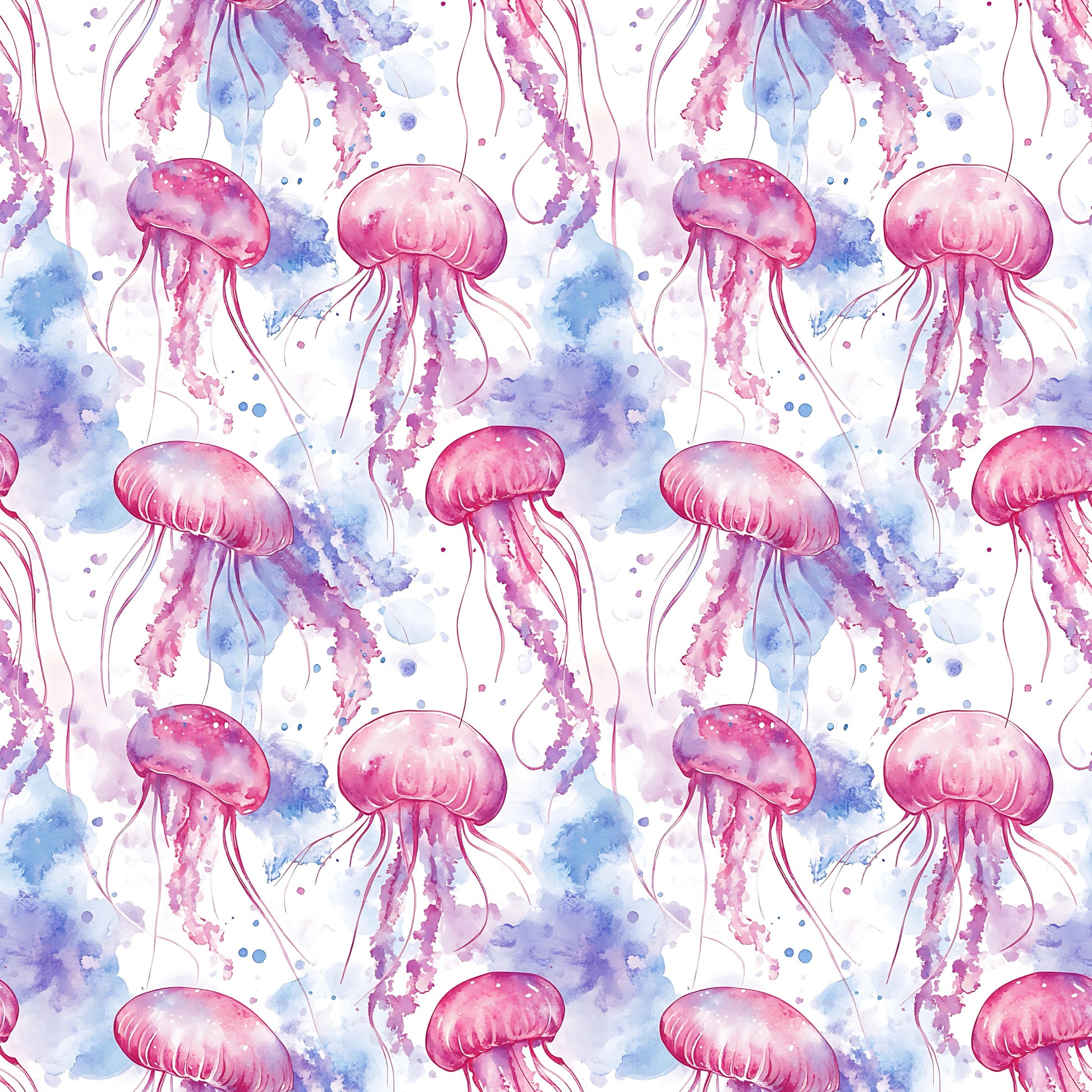 Nahtloses Stoffdesign „Aquarell Quallentanz“ mit schwebenden Quallen in Pink, Rosa, Lila und Blau auf hellem Hintergrund mit farbigen Aquarelleffekten.