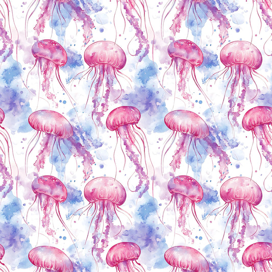Nahtloses Stoffdesign „Aquarell Quallentanz“ mit schwebenden Quallen in Pink, Rosa, Lila und Blau auf hellem Hintergrund mit farbigen Aquarelleffekten.