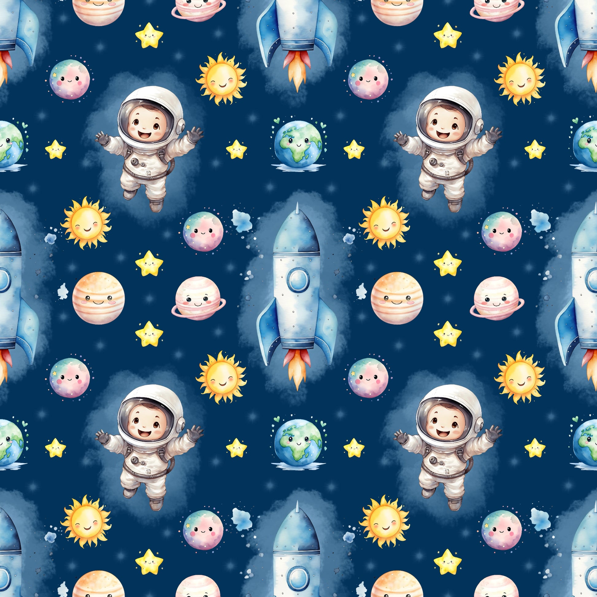 Stoffkachel des Astronauten-Stoffs: Rakete, Astronaut, bunte Planeten, Sonne und Sterne auf dunkelblauem Weltraum-Hintergrund.