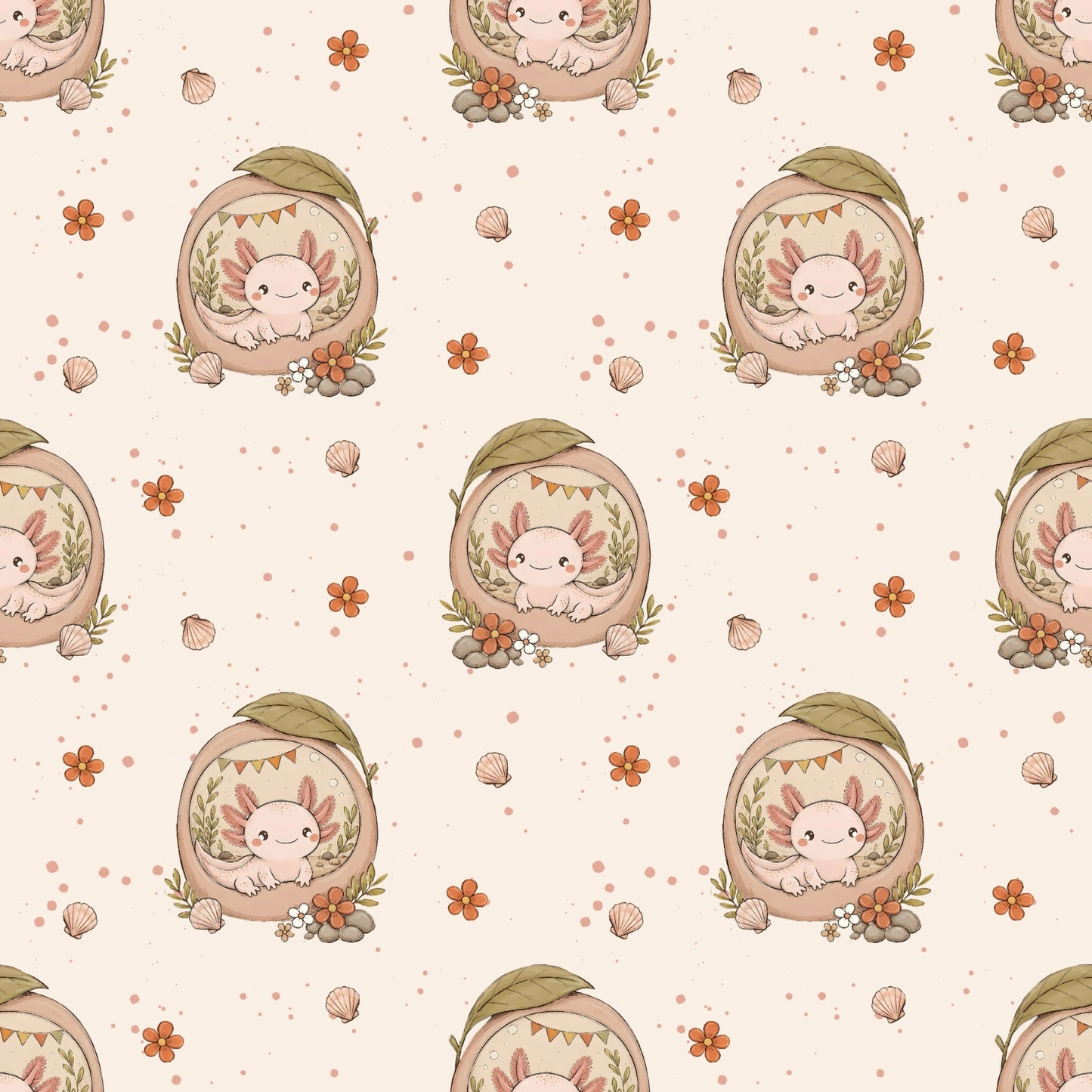 Nahtlose Stoffansicht von Axolotlträumchen Apricot mit kleinen Axolotl in gemütlichen Verstecken, Blüten und Muscheln auf apricot-beigem Hintergrund.