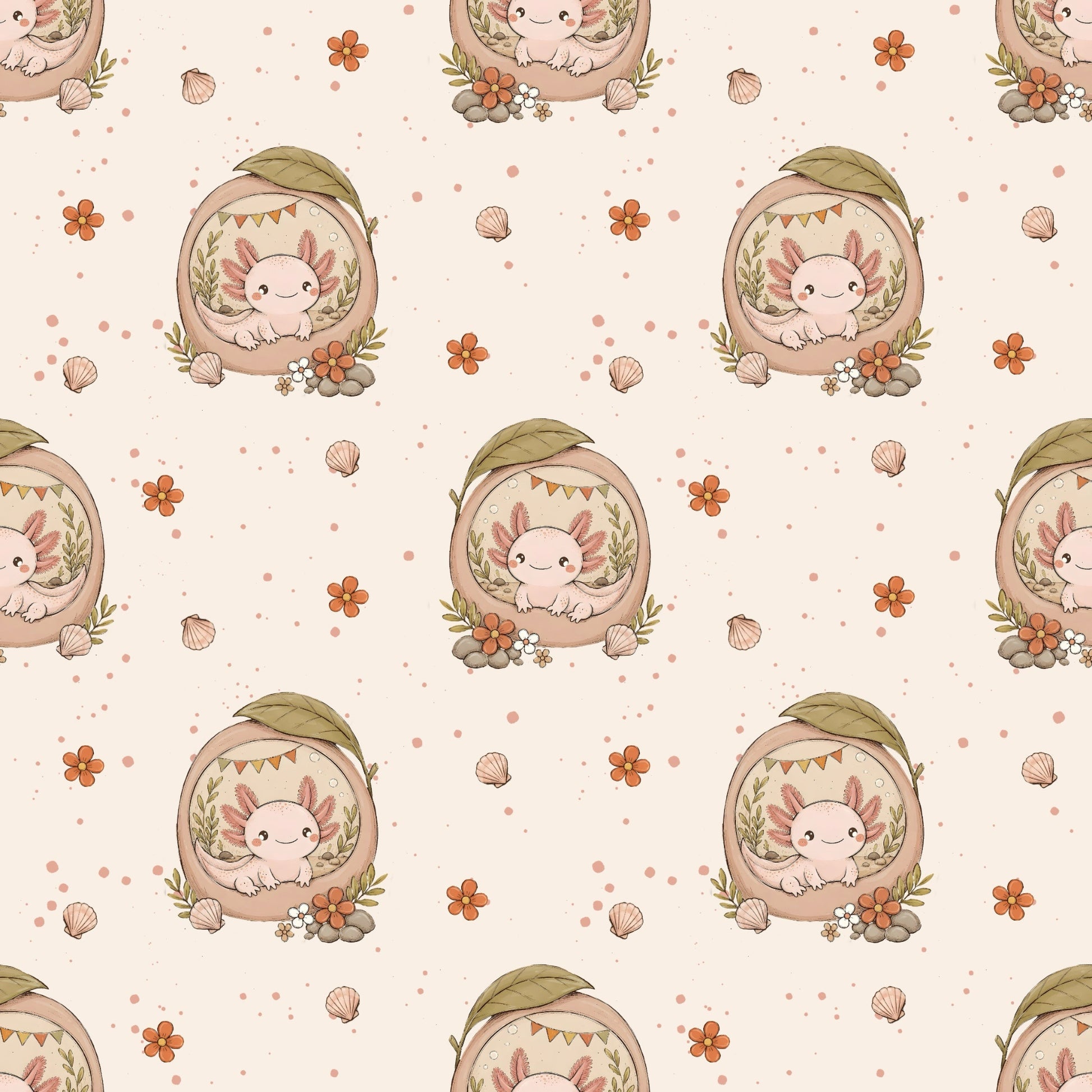 Nahtlose Stoffansicht von Axolotlträumchen Apricot mit kleinen Axolotl in gemütlichen Verstecken, Blüten und Muscheln auf apricot-beigem Hintergrund.