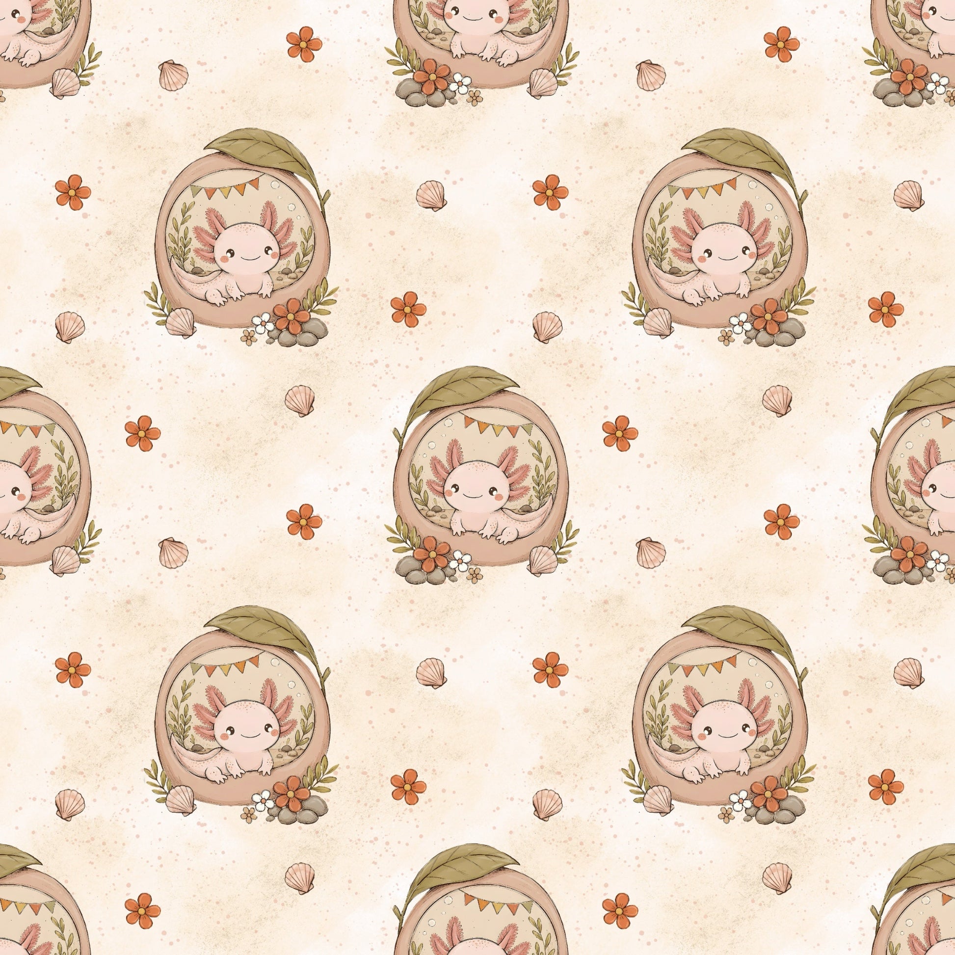 Detailansicht des Stoffdesigns Axolotlträumchen Creme mit kleinen Axolotl, Blüten und Muscheln auf cremefarbenem Hintergrund