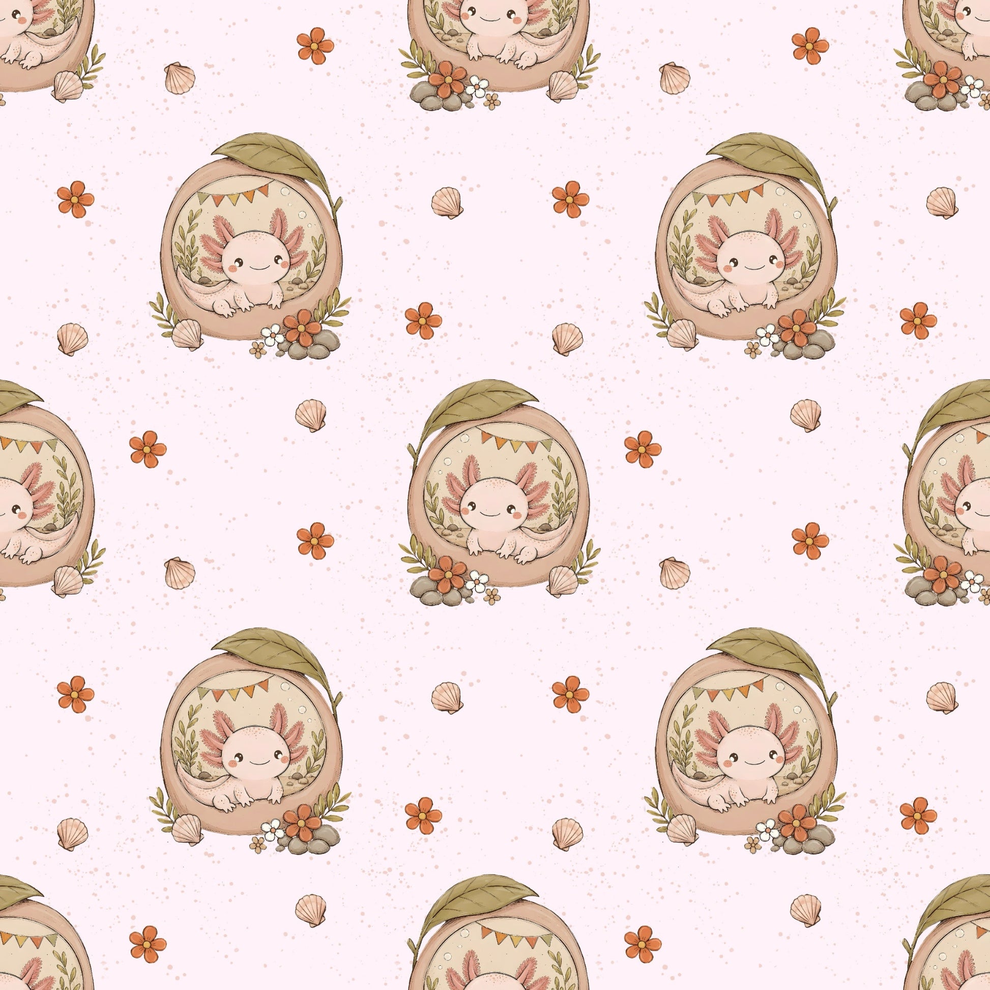 Detailansicht des Stoffdesigns Axolotlträumchen Rosé mit Axolotl, Blüten und Muscheln auf rosafarbenem Hintergrund