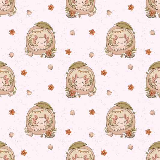 Detailansicht des Stoffdesigns Axolotlträumchen Rosé mit Axolotl, Blüten und Muscheln auf rosafarbenem Hintergrund