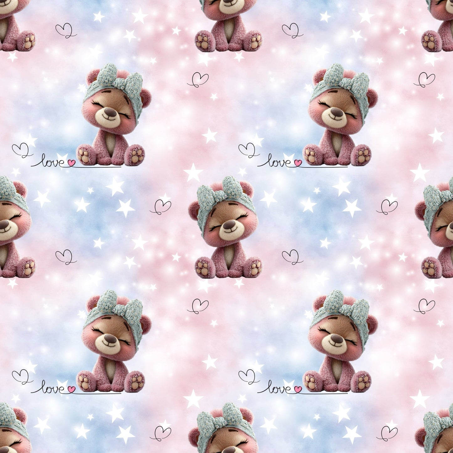 Bärchen Love Allover-Muster mit süßen rosa Bärchen, Sternen, Herzchen und Pastellfarben in Rosa und Hellblau für Baby- und Kinderkleidung