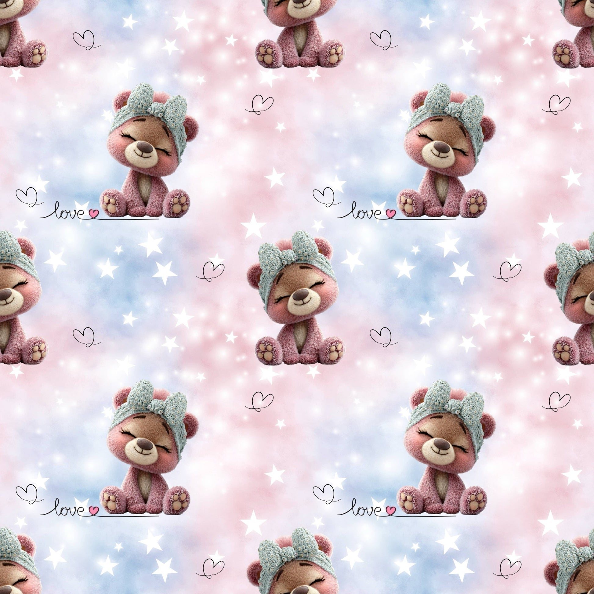Bärchen Love Allover-Muster mit süßen rosa Bärchen, Sternen, Herzchen und Pastellfarben in Rosa und Hellblau für Baby- und Kinderkleidung