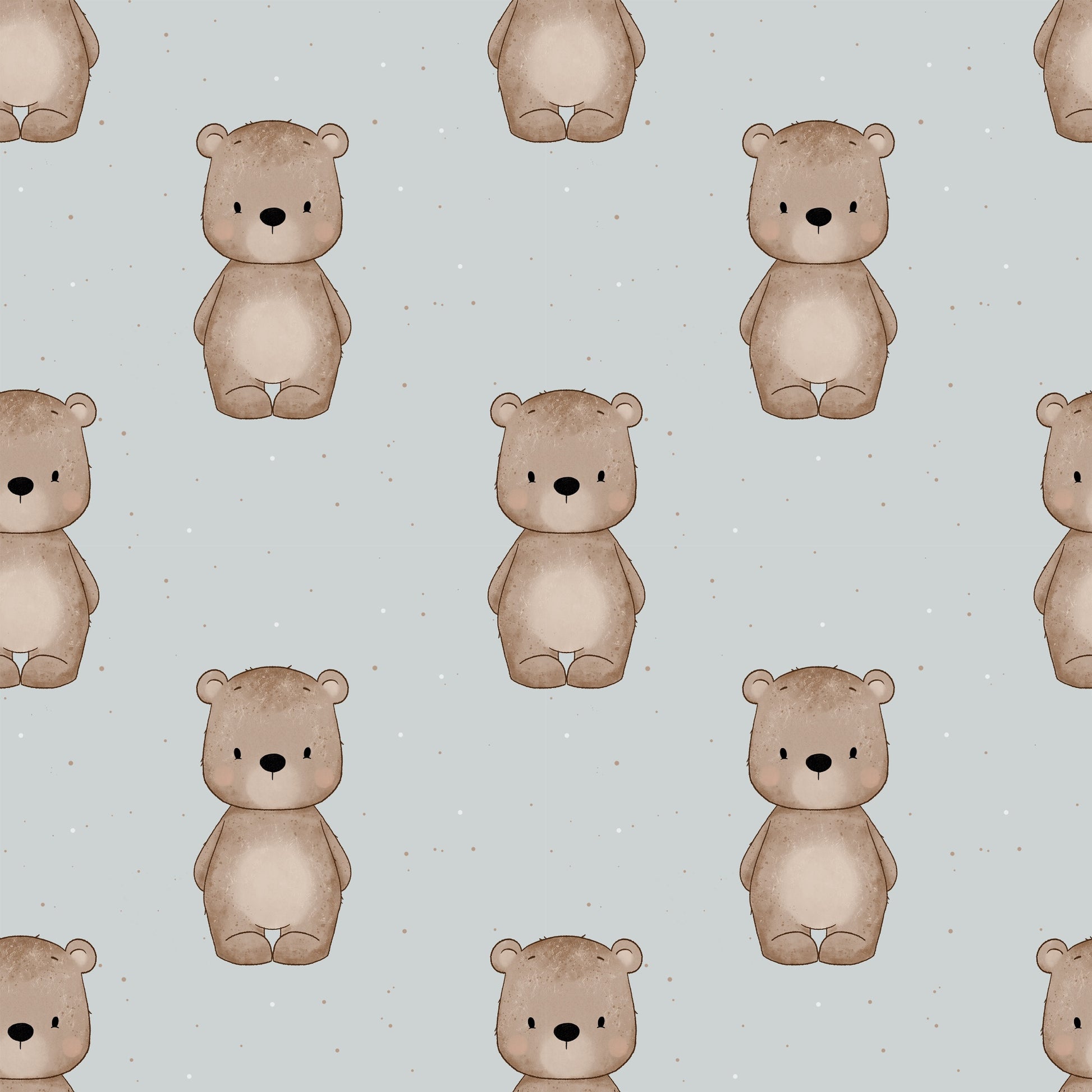 Nahtloses Bärchen Design mit braunen Bären auf ruhigem Nebelblau Hintergrund