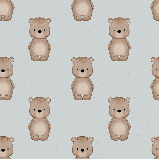 Nahtloses Bärchen Design mit braunen Bären auf ruhigem Nebelblau Hintergrund
