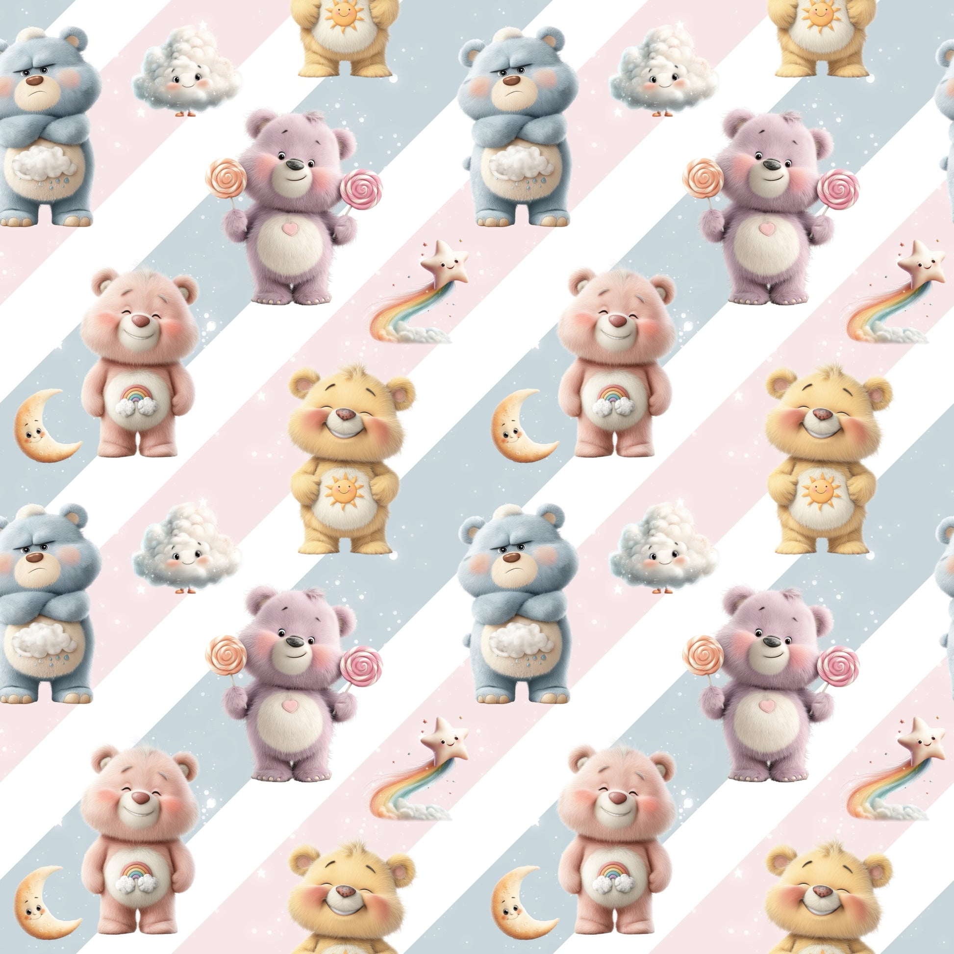 Nahtlos wiederholendes Muster „Bärchis voller Glück“ – fröhliche Bärchen mit Regenbogen-, Wolken- und Sternmotiven in sanften Pastelltönen