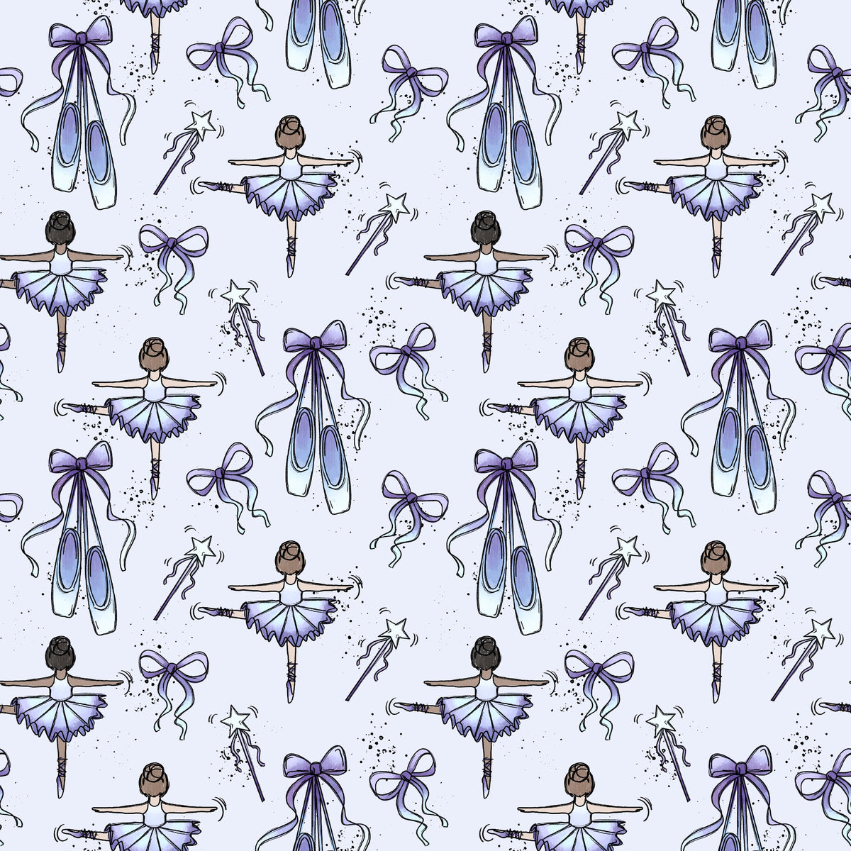 Ballerina Stoffdesign mit Balletttänzerinnen, Ballettschuhen, Schleifen und Stern-Zauberstäben in Flieder und Hellblau