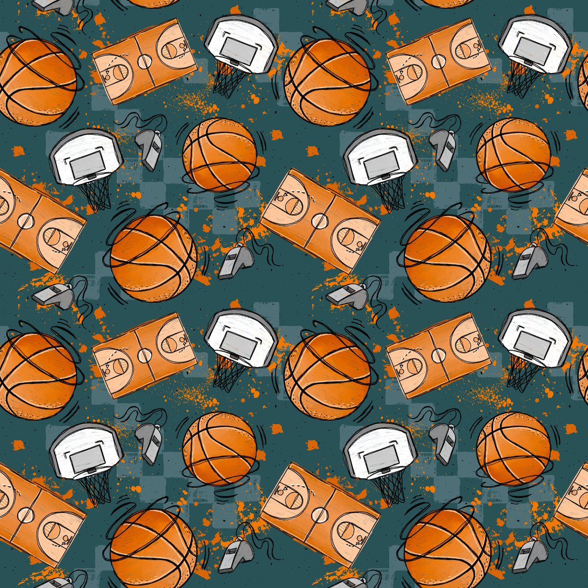 Basketball Stoffdesign mit orangefarbenen Basketbällen, Basketballkörben, Spielfeldern und Trillerpfeifen auf Petrol