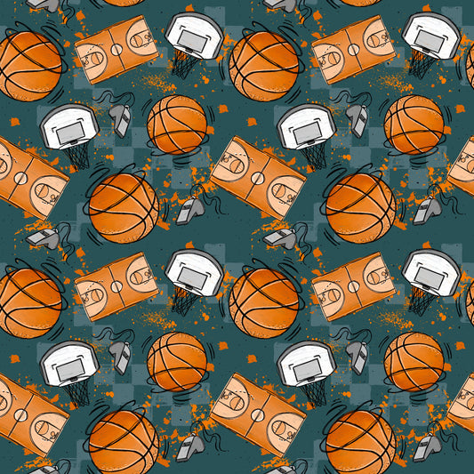 Basketball Stoffdesign mit orangefarbenen Basketbällen, Basketballkörben, Spielfeldern und Trillerpfeifen auf Petrol