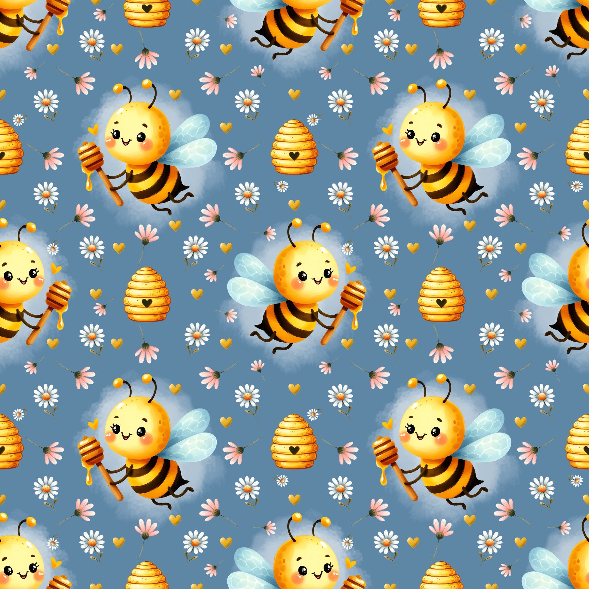 Stoffkachel „Bee Happy“: nahtloses Muster mit wiederholten Bienen, Körben, Gänseblümchen & Herzen auf taubenblauem Grund; gleichmäßig rapportiert.