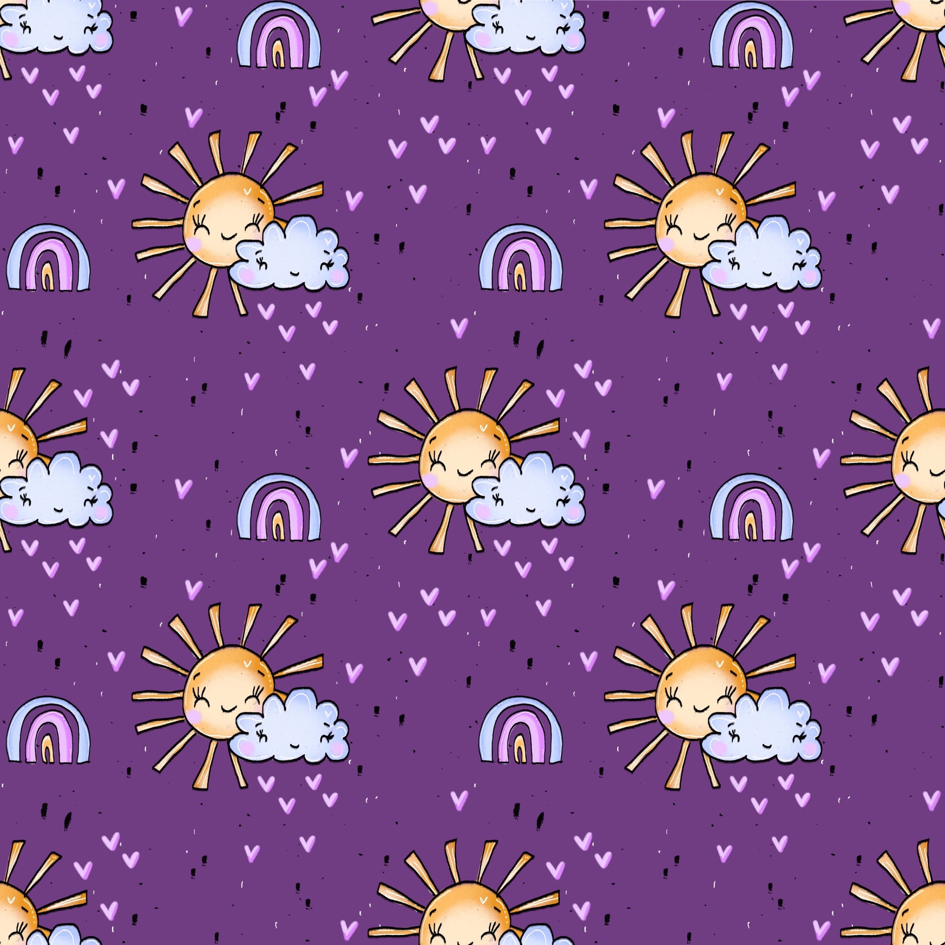 Stoffkachel „Believe in Magic Sonne“: nahtloses Muster mit Sonnen, Wölkchen, Herzchen und Regenbögen auf violettem Hintergrund; gleichmäßig rapportiert.