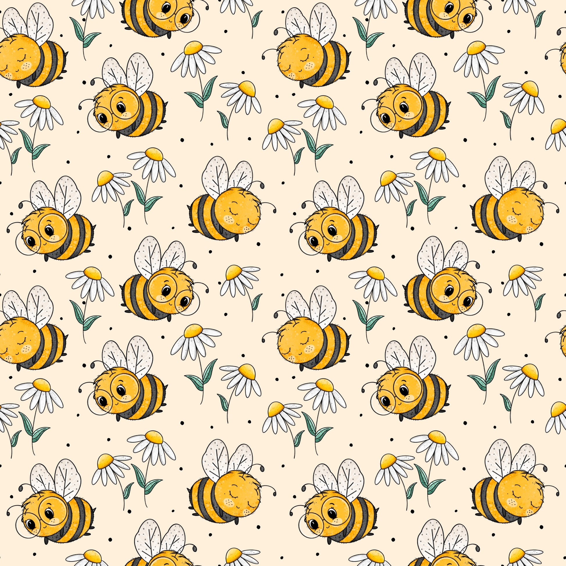 nahtloses Bienchen- und Gänseblümchen-Muster auf Creme, fröhlicher Kinderstoff von Katzengold-Designs