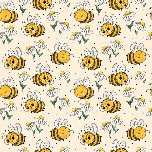 nahtloses Bienchen- und Gänseblümchen-Muster auf Creme, fröhlicher Kinderstoff von Katzengold-Designs