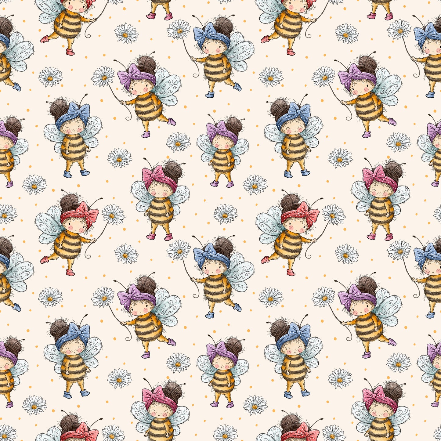 Detailansicht der Stoffmeterware „Bienenmädchen“ mit gleichmäßig angeordneten Bienenmädchen-Motiven, zarten Blüten und feinen Punkten auf hellem Hintergrund. Das Design wirkt verspielt, ruhig und kindgerecht und eignet sich ideal für Kinderkleidung und Accessoires. Design von Katzengold-Designs.