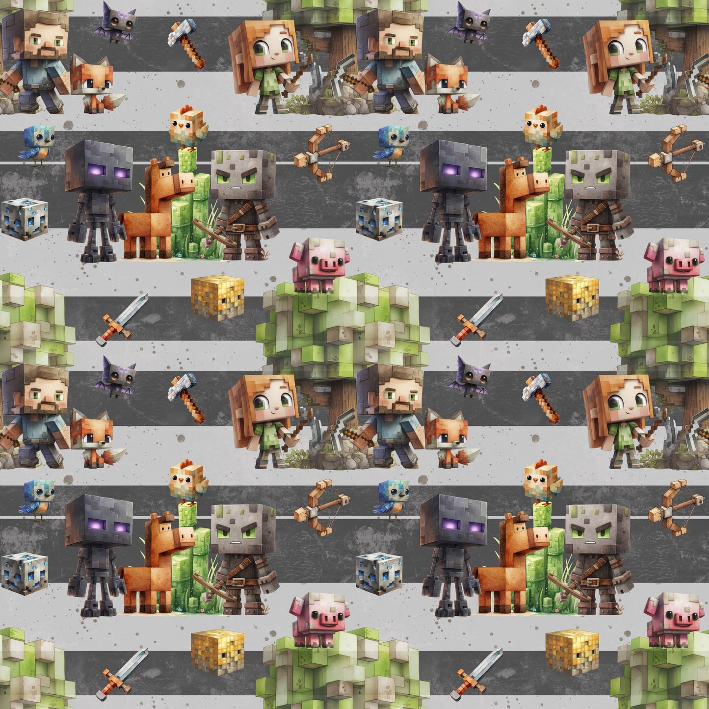 Nahtloses Block-Adventure Design mit würfelförmigen Figuren, Tieren, Schwertern und Werkzeugen auf grauen Streifen