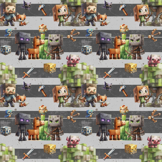 Nahtloses Block-Adventure Design mit würfelförmigen Figuren, Tieren, Schwertern und Werkzeugen auf grauen Streifen