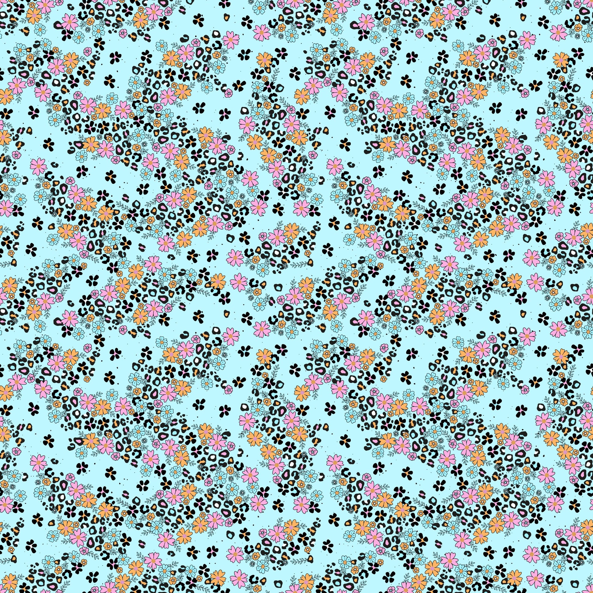 Blühglück Muster mit Blumen und Leo-Elementen von Katzengold-Designs auf mint-türkisem Hintergrund.