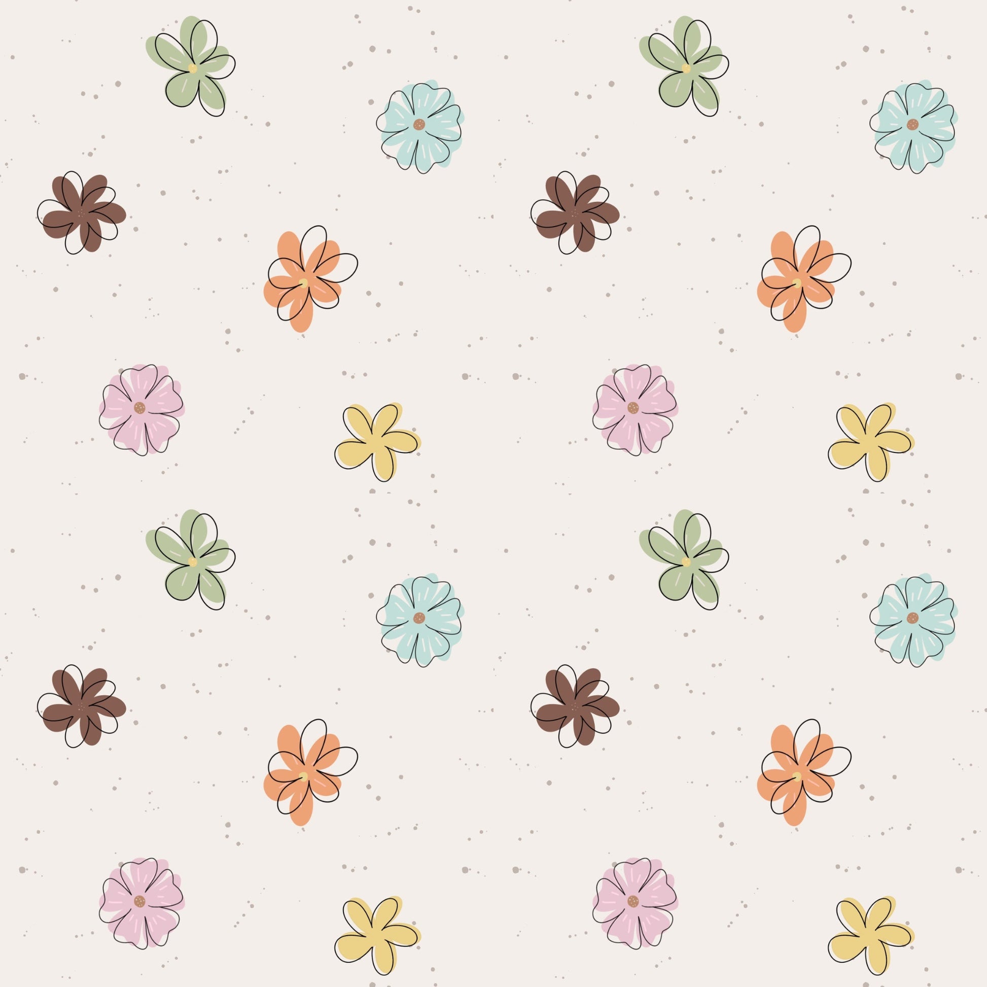 Blümchen Allover-Muster mit kleinen Blumen in Rosa, Mint, Gelb, Apricot und Braun auf hellem Hintergrund für Babykleidung, Kinderkleidung und kreative Nähprojekte