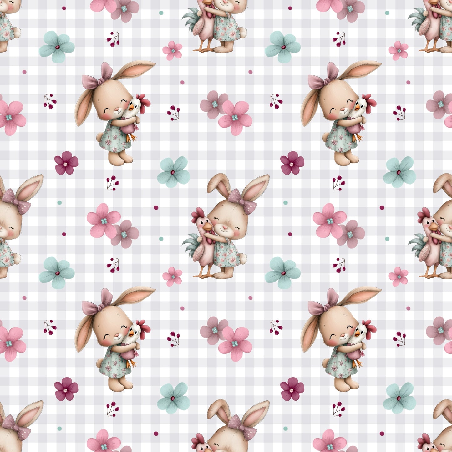 Blütenhäschen & Huhn Stoffmuster mit Hasen, Huhn und floralen Details in zarten Frühlingsfarben