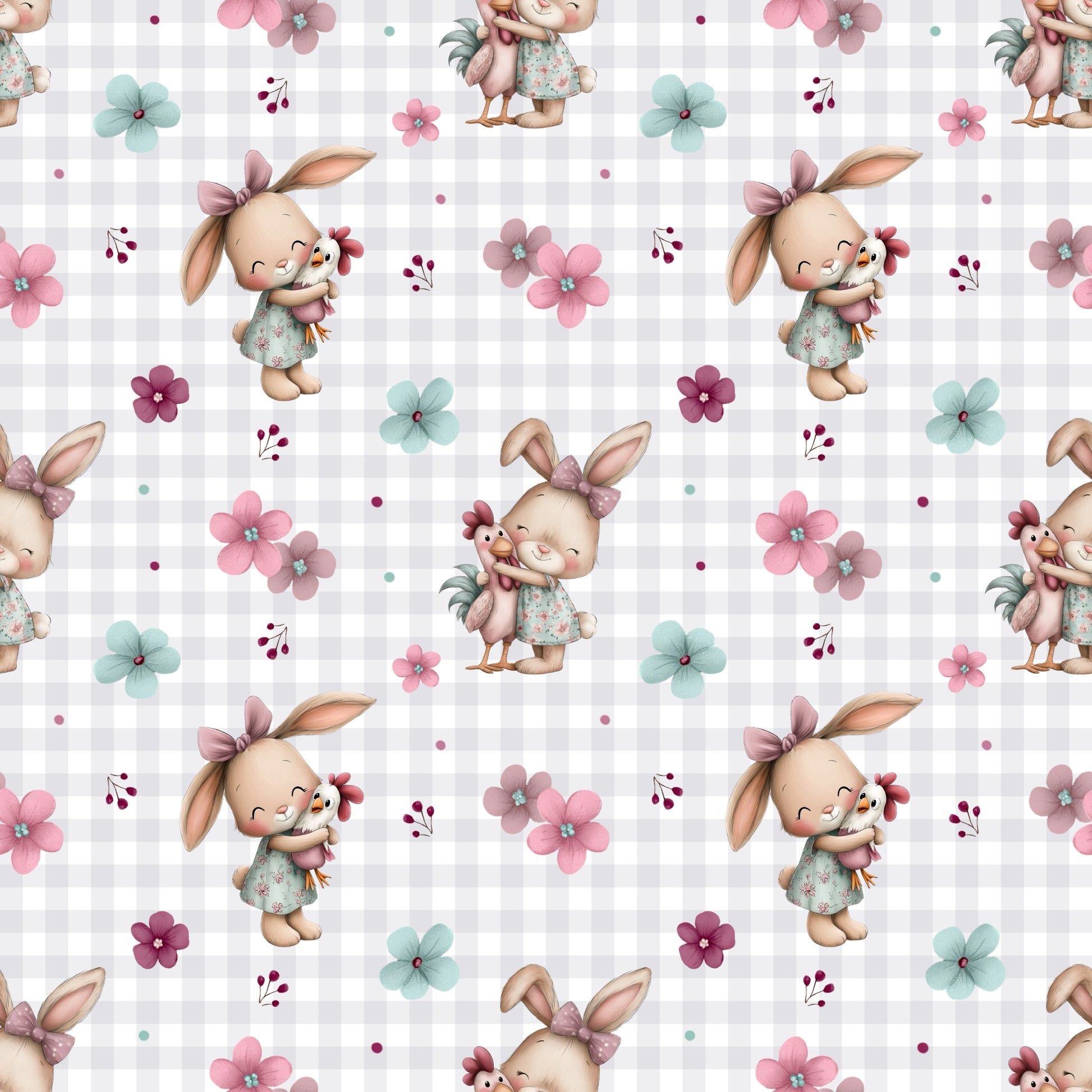 Blütenhäschen & Huhn Stoffmuster mit Hasen, Huhn und floralen Details in zarten Frühlingsfarben