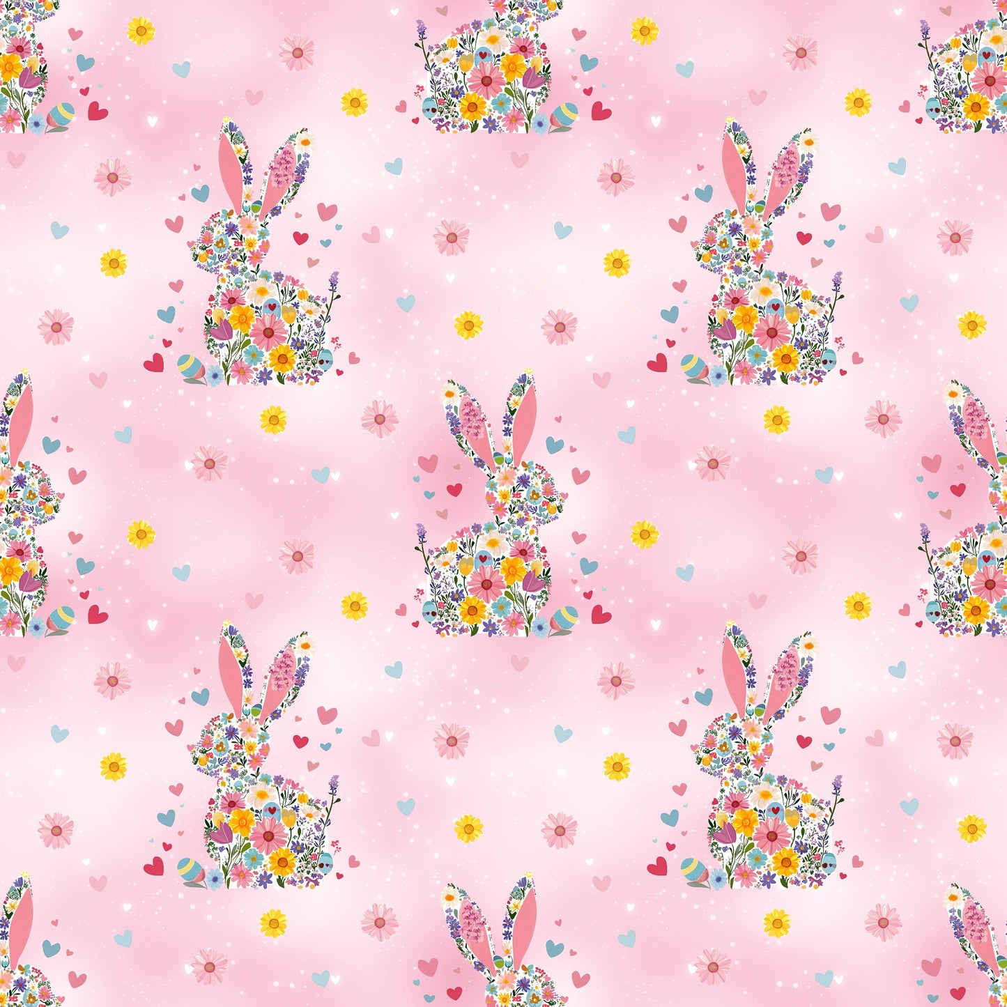 Blütenhäschen Rosézauber Stoffmuster mit floralen Hasenmotiven und Frühlingsblüten