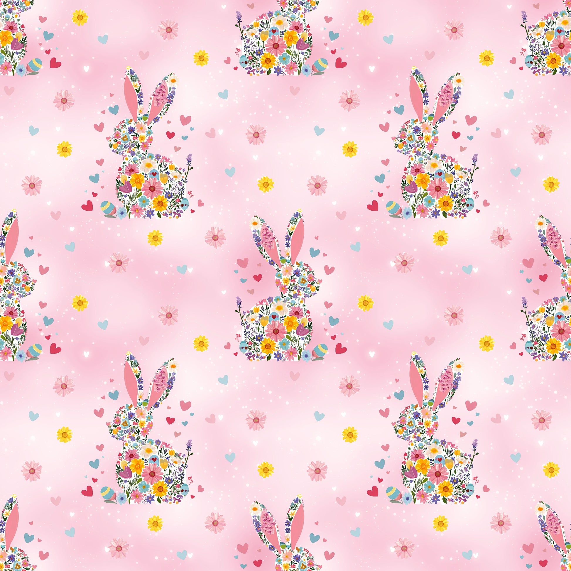 Blütenhäschen Rosézauber Stoffmuster mit floralen Hasenmotiven und Frühlingsblüten