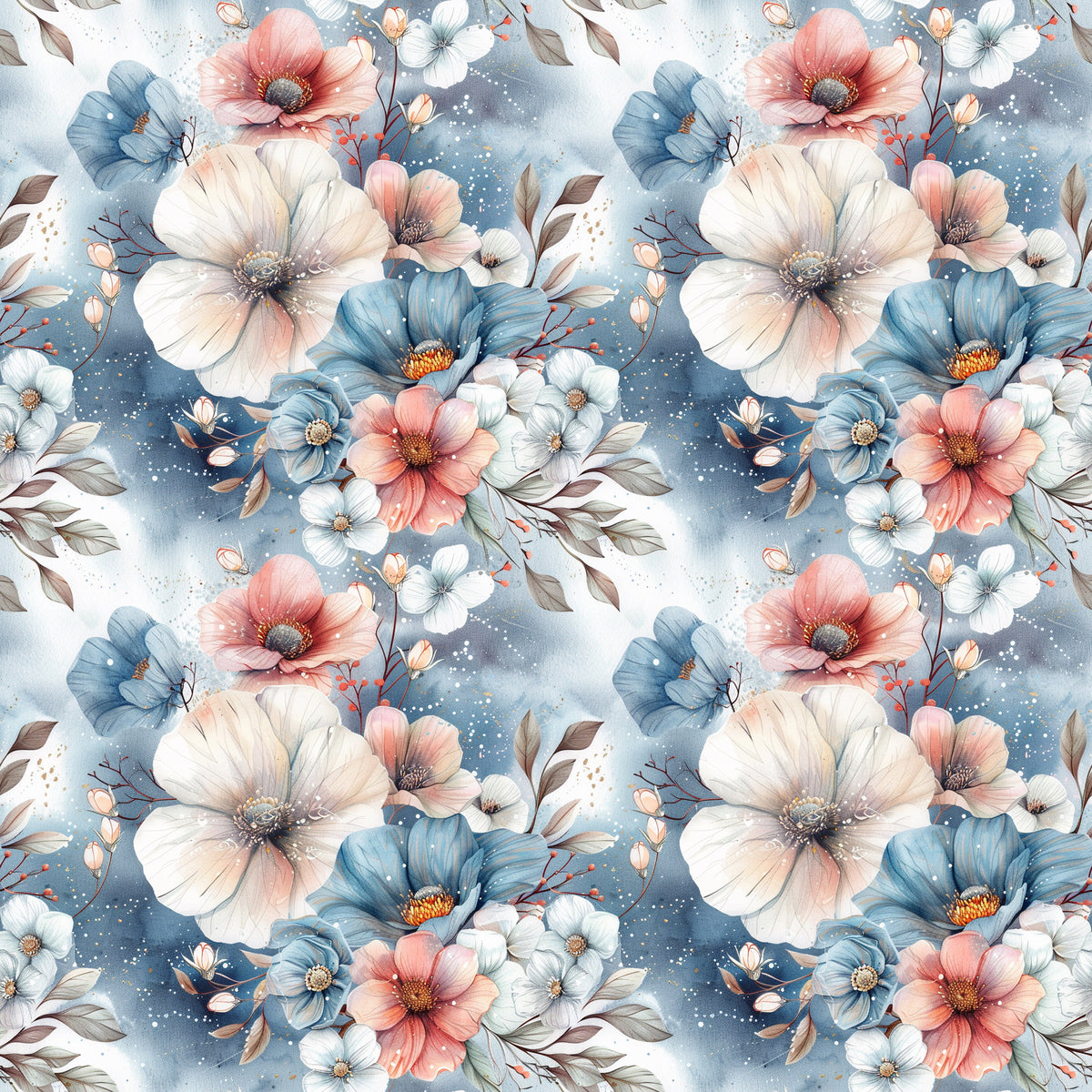 Blütenhauch Stoffdesign mit großen Aquarellblüten in Jeansblau, Altrosa und Creme mit feinen Blättern und Zweigen
