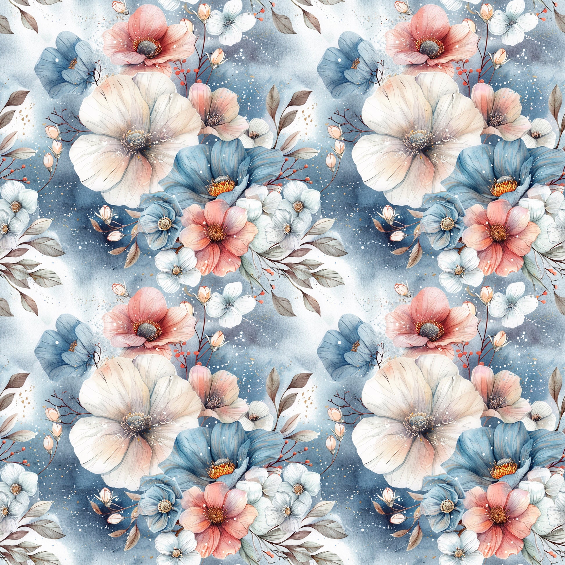 Blütenhauch Stoffdesign mit großen Aquarellblüten in Jeansblau, Altrosa und Creme mit feinen Blättern und Zweigen