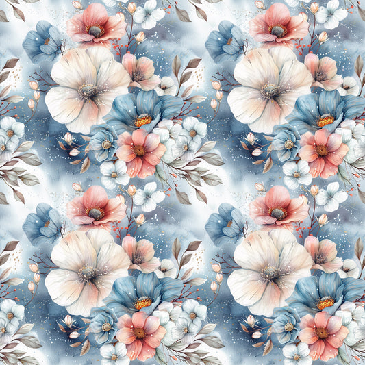 Blütenhauch Stoffdesign mit großen Aquarellblüten in Jeansblau, Altrosa und Creme mit feinen Blättern und Zweigen