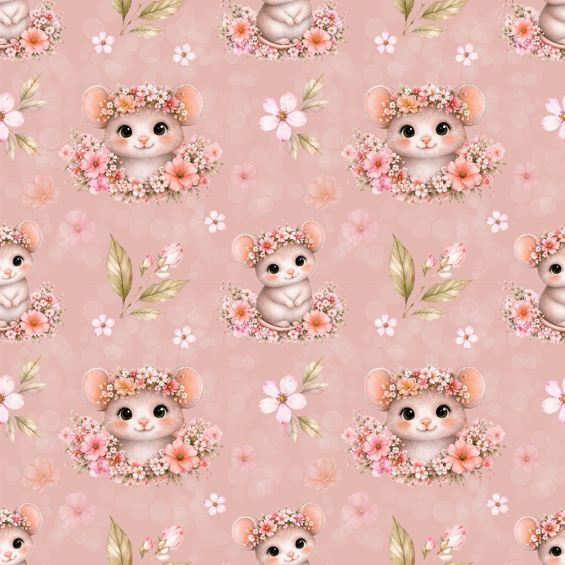 Niedliche Mäuse mit Blumenkränzen und rosa Blüten auf rosafarbenem Hintergrund.