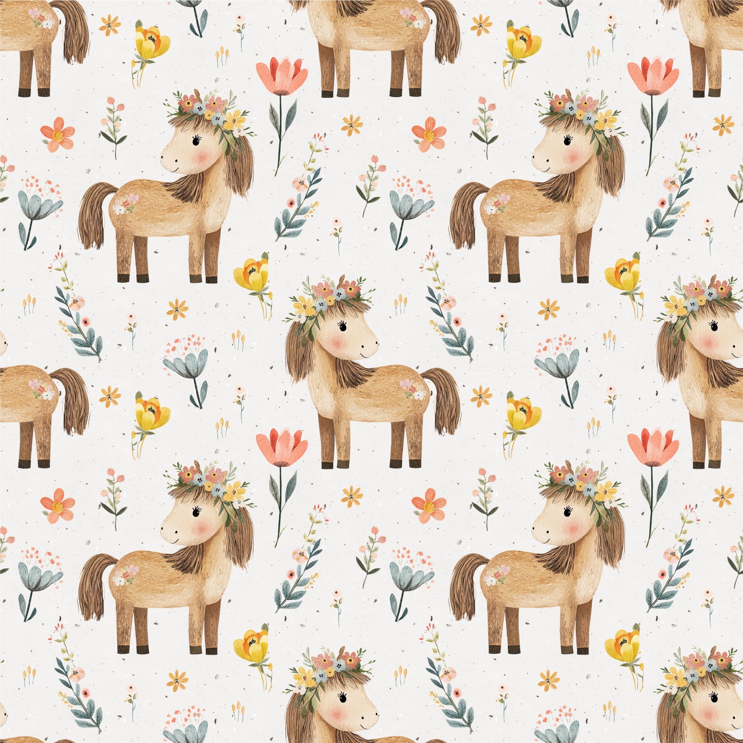 Nahtloses Muster „Blütenpony“ – Ponys mit Blumenkranz und zarten Blumen auf hellem Kinderstoff