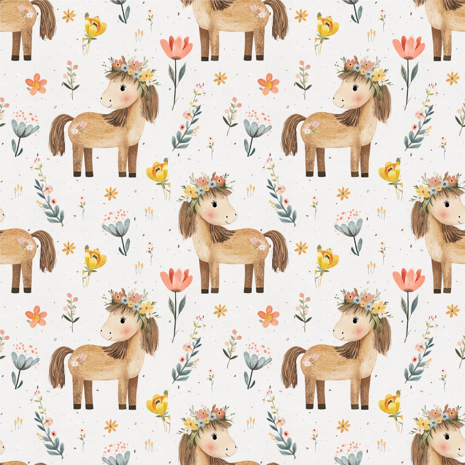 Nahtloses Muster „Blütenpony“ – Ponys mit Blumenkranz und zarten Blumen auf hellem Kinderstoff