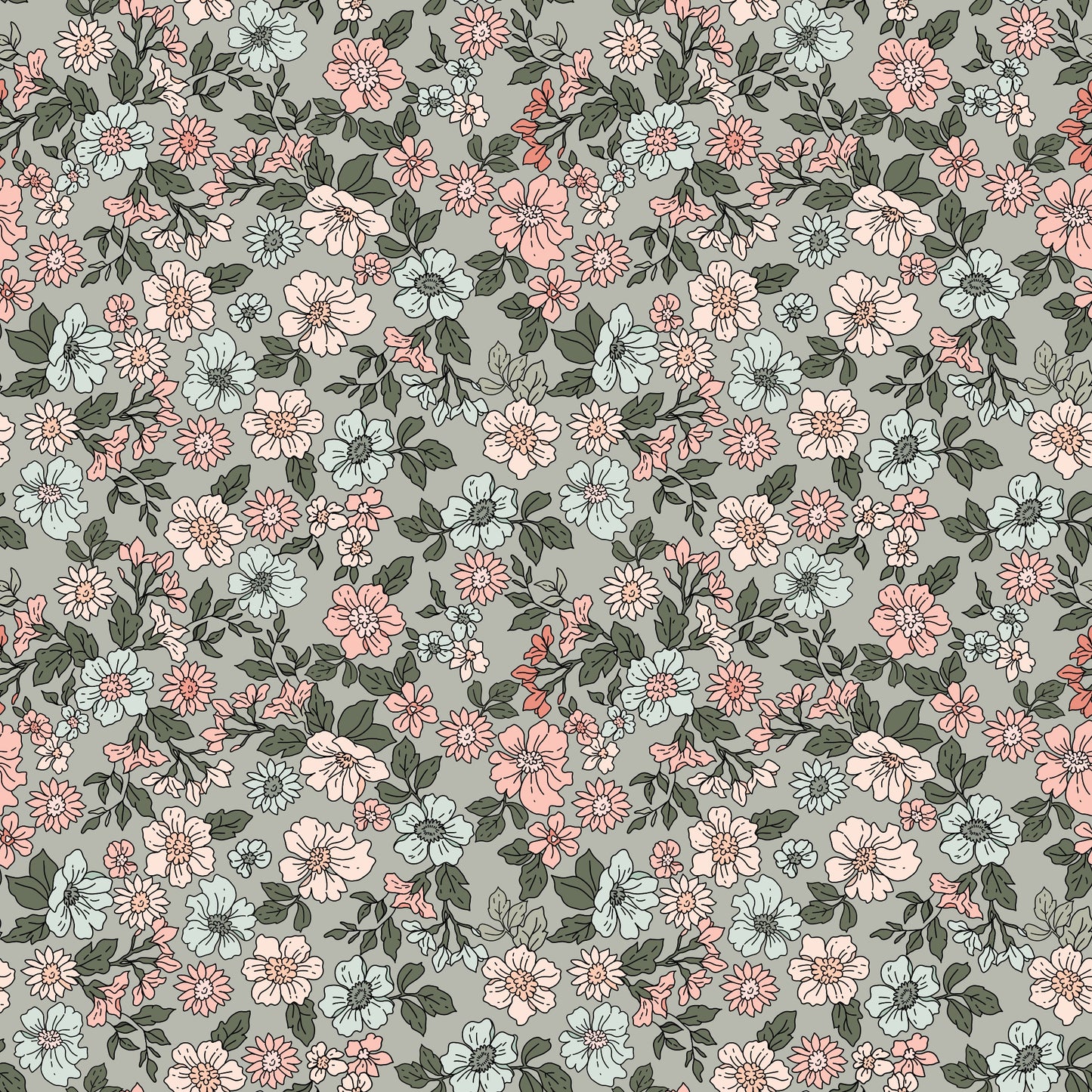 Blütenwiese Salbei Stoffdesign mit zarten Blüten in Rosa, Creme und Mint sowie dunkelgrünen Blättern auf salbeigrünem Hintergrund